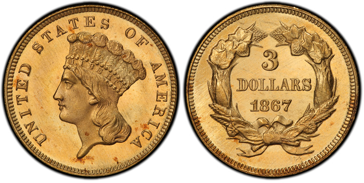 1867 Three-Dollar Gold Piece. MS-67+ (PCGS).